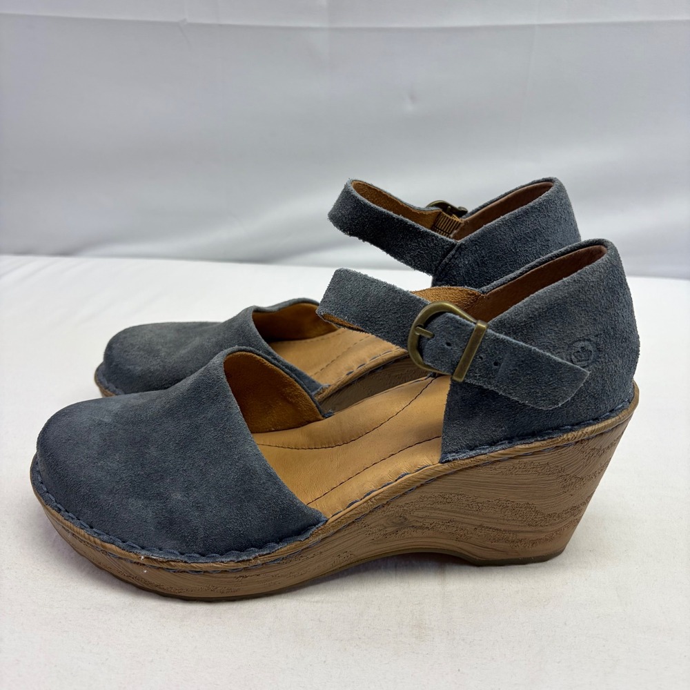 Born Nellie Mary Jane Wedge Sandals Womens 9 Blue Suede Comfort Shoe Boho - Picture 3 of 11